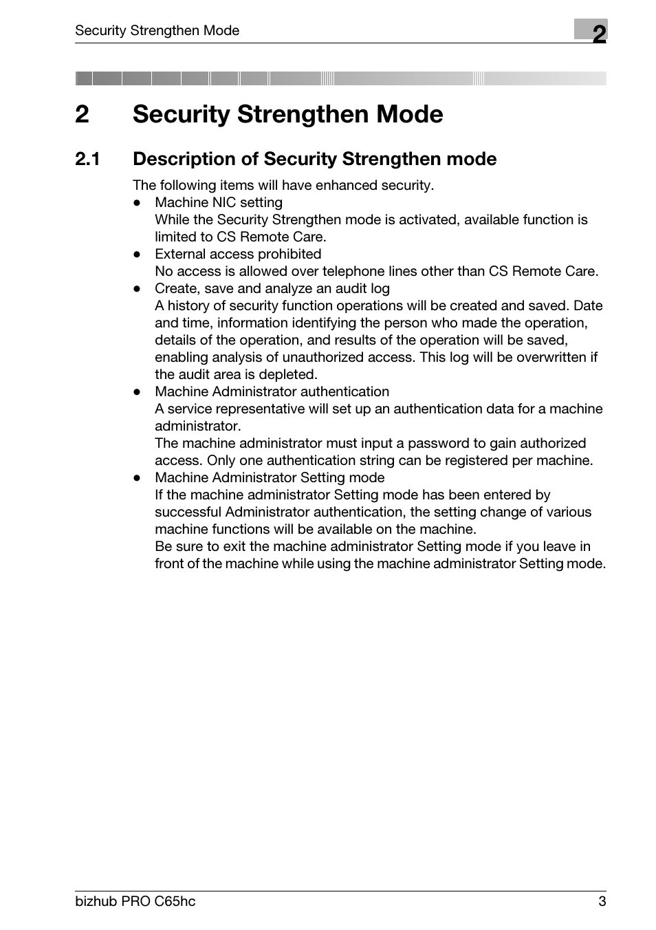 2 security strengthen mode, 1 description of security strengthen mode, Security strengthen mode | Description of security strengthen mode, 2security strengthen mode | Konica Minolta bizhub PRO C65hc User Manual | Page 11 / 32