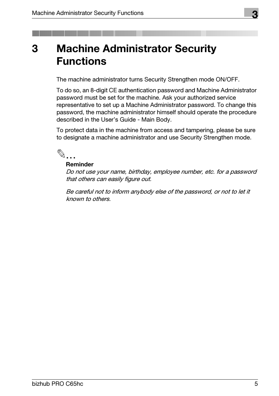 3 machine administrator security functions, Machine administrator security functions, 3machine administrator security functions | Konica Minolta bizhub PRO C65hc User Manual | Page 13 / 32
