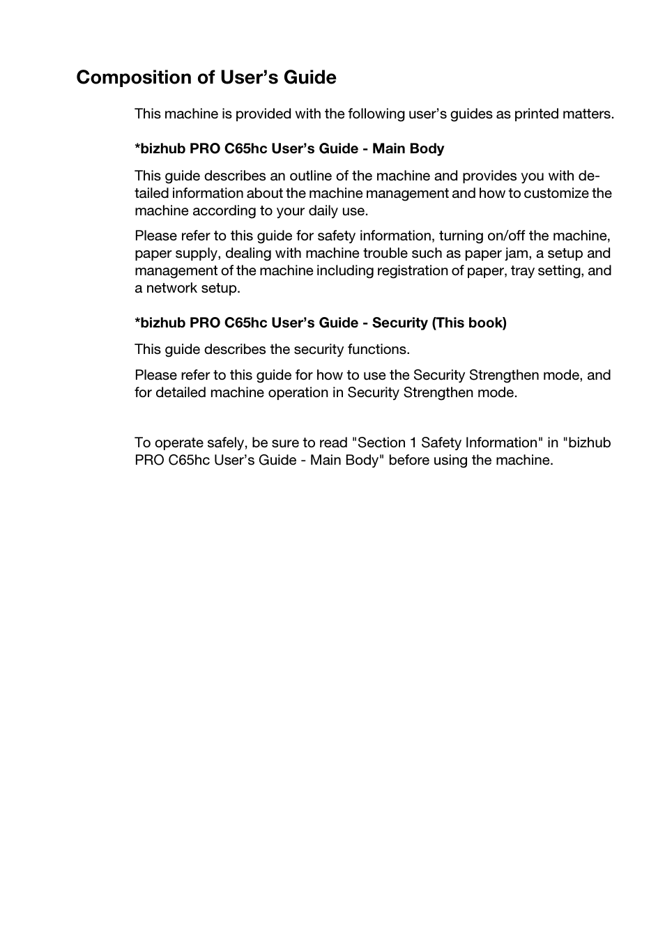 Composition of user’s guide | Konica Minolta bizhub PRO C65hc User Manual | Page 5 / 32
