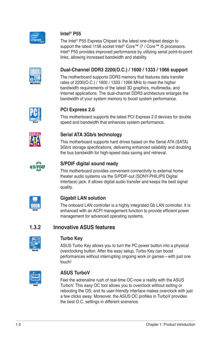 2 innovative asus features, Innovative asus features -2 | Asus Motherboard P7P55-M User Manual | Page 12 / 68