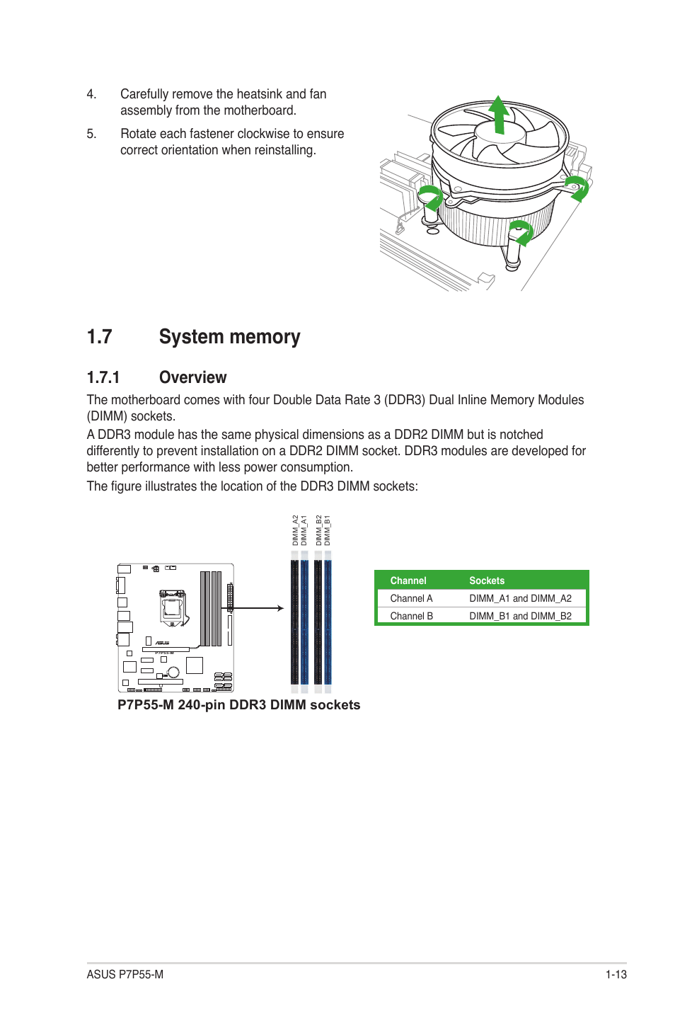7 system memory, 1 overview, System memory -13 1.7.1 | Overview -13 | Asus Motherboard P7P55-M User Manual | Page 23 / 68