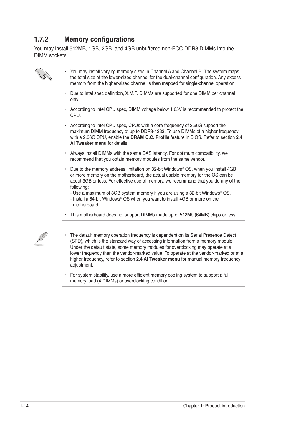 2 memory configurations, Memory configurations -14 | Asus Motherboard P7P55-M User Manual | Page 24 / 68