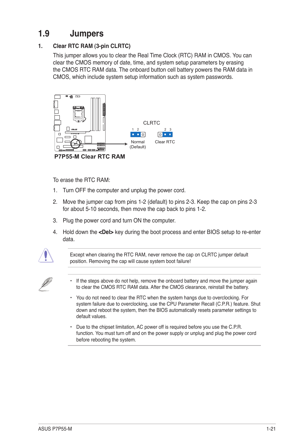 9 jumpers, Jumpers -21 | Asus Motherboard P7P55-M User Manual | Page 31 / 68