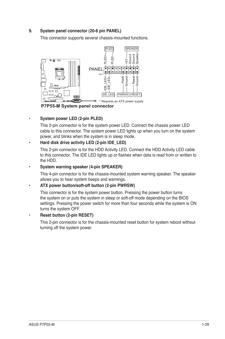 Panel, P7p55-m system panel connector | Asus Motherboard P7P55-M User Manual | Page 39 / 68