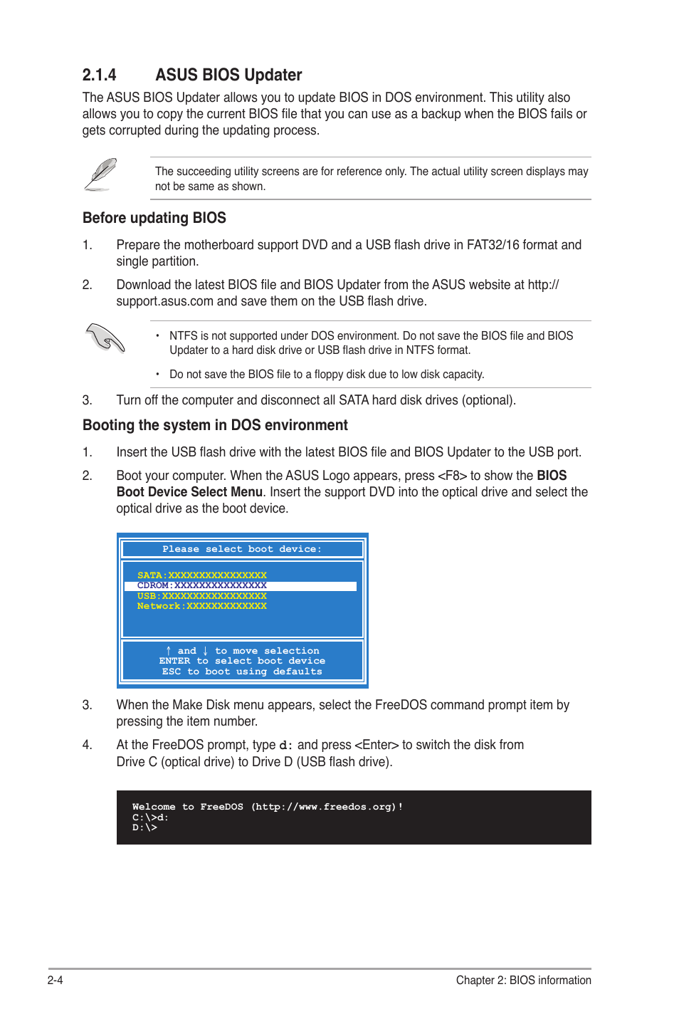 4 asus bios updater, Asus bios updater -4, Before updating bios | Booting the system in dos environment | Asus Motherboard P7P55-M User Manual | Page 44 / 68