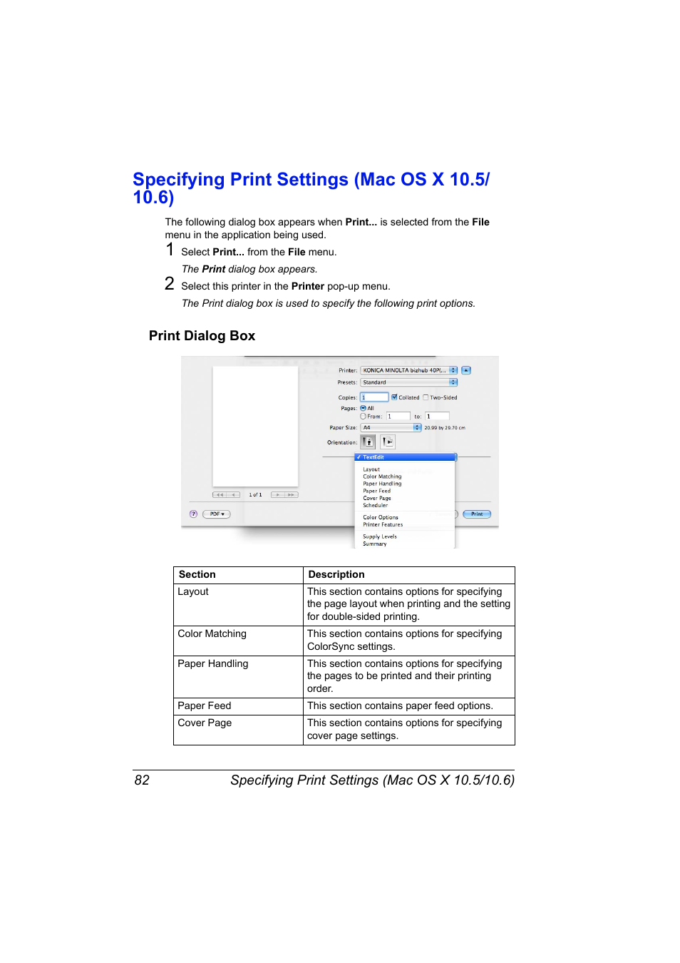 Specifying print settings (mac os x 10.5/ 10.6), Print dialog box, Specifying print settings (mac os x 10.5/10.6) 82 | Print dialog box 82 | Konica Minolta bizhub 40P User Manual | Page 100 / 392