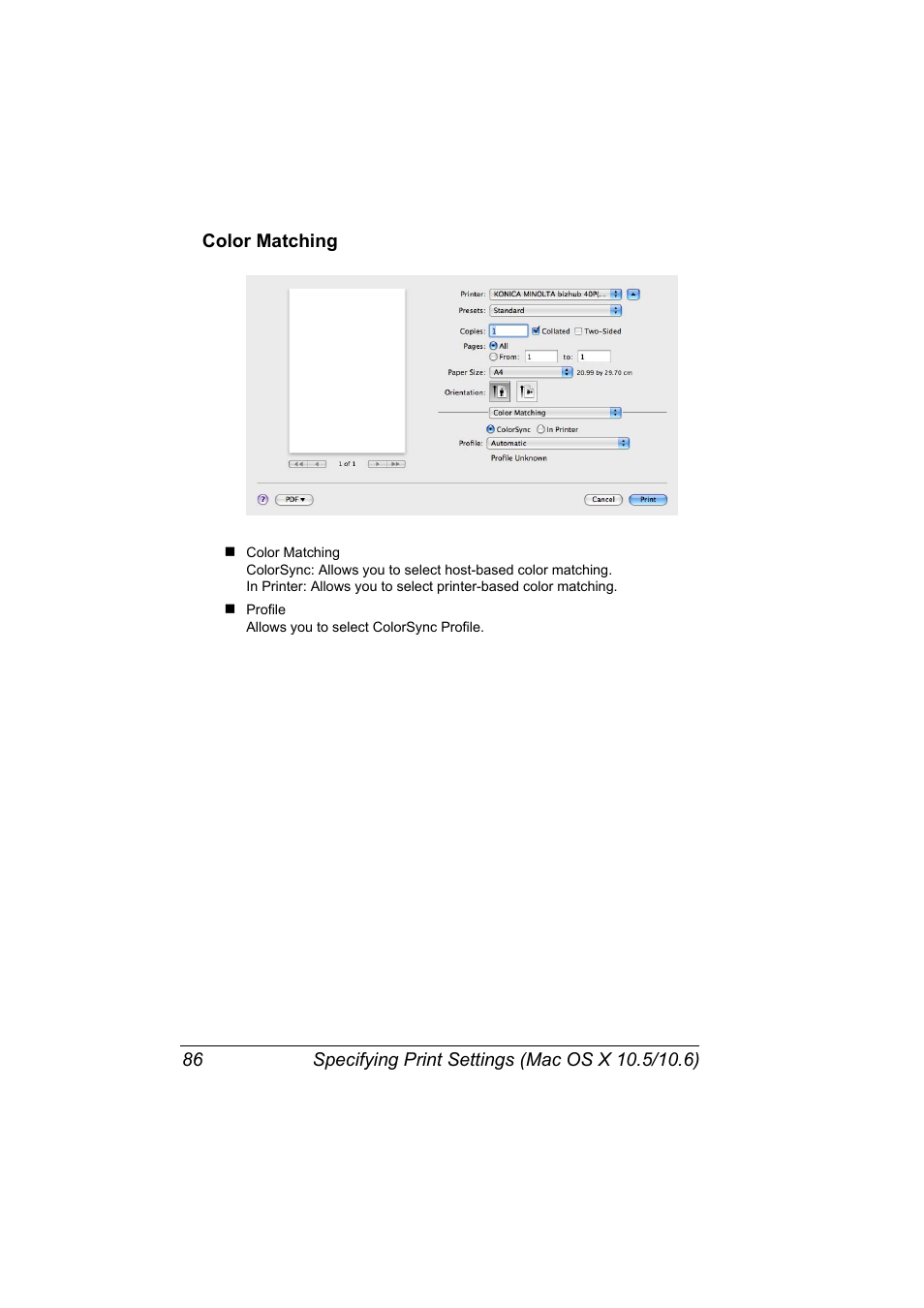 Color matching, Color matching 86 | Konica Minolta bizhub 40P User Manual | Page 104 / 392