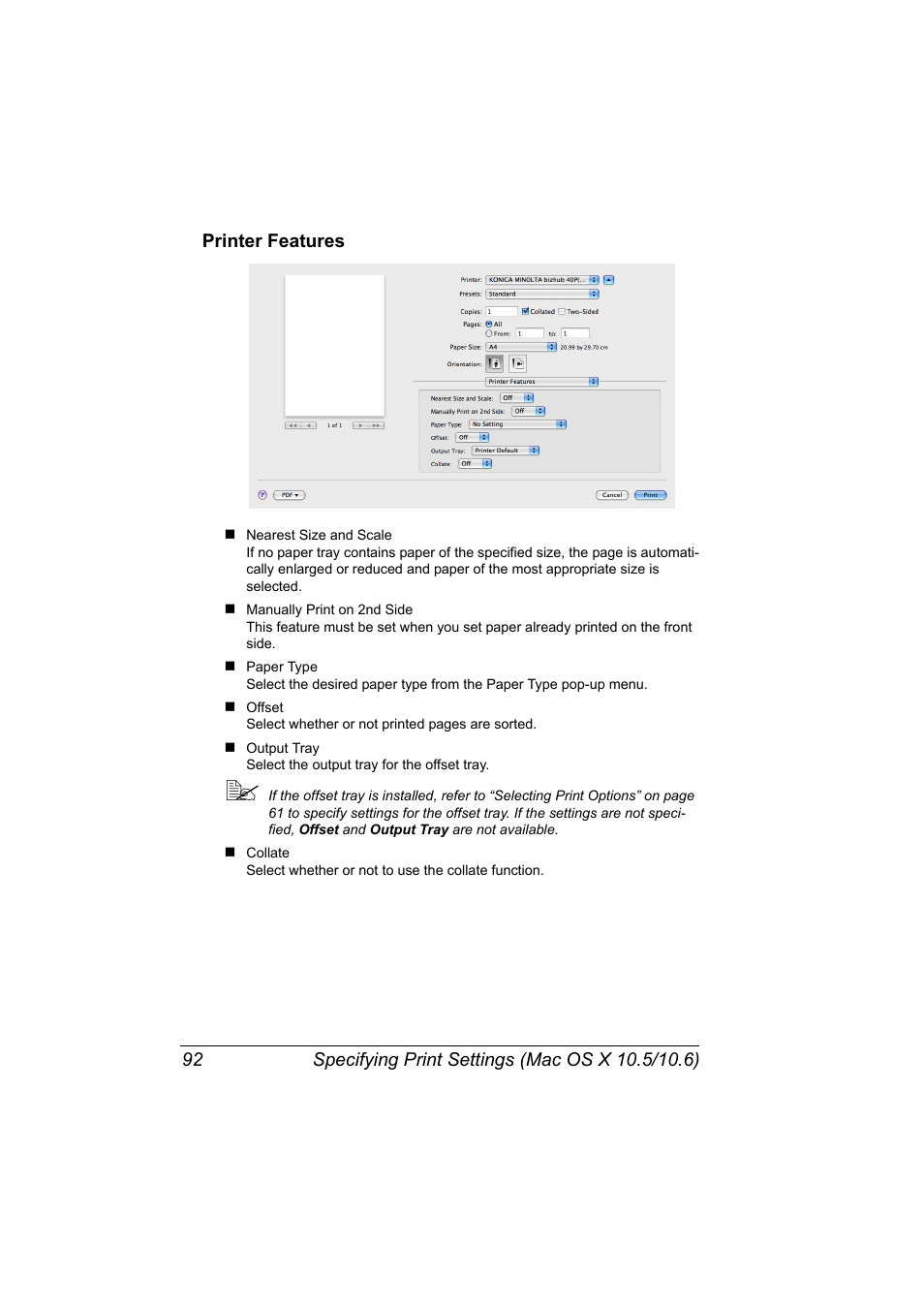 Printer features, Printer features 92 | Konica Minolta bizhub 40P User Manual | Page 110 / 392