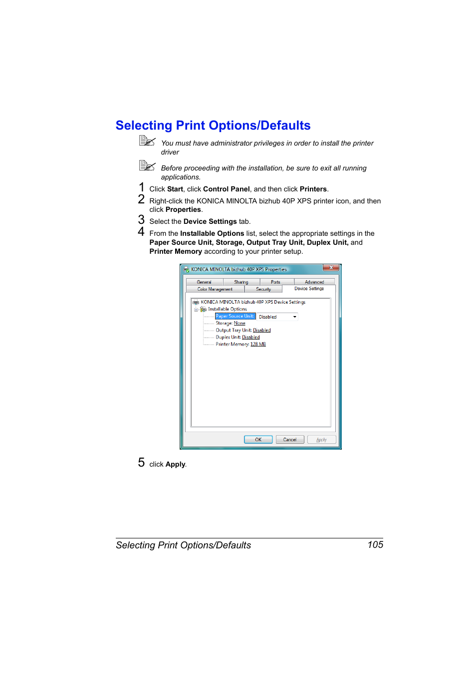 Selecting print options/defaults, Selecting print options/defaults 105 | Konica Minolta bizhub 40P User Manual | Page 123 / 392