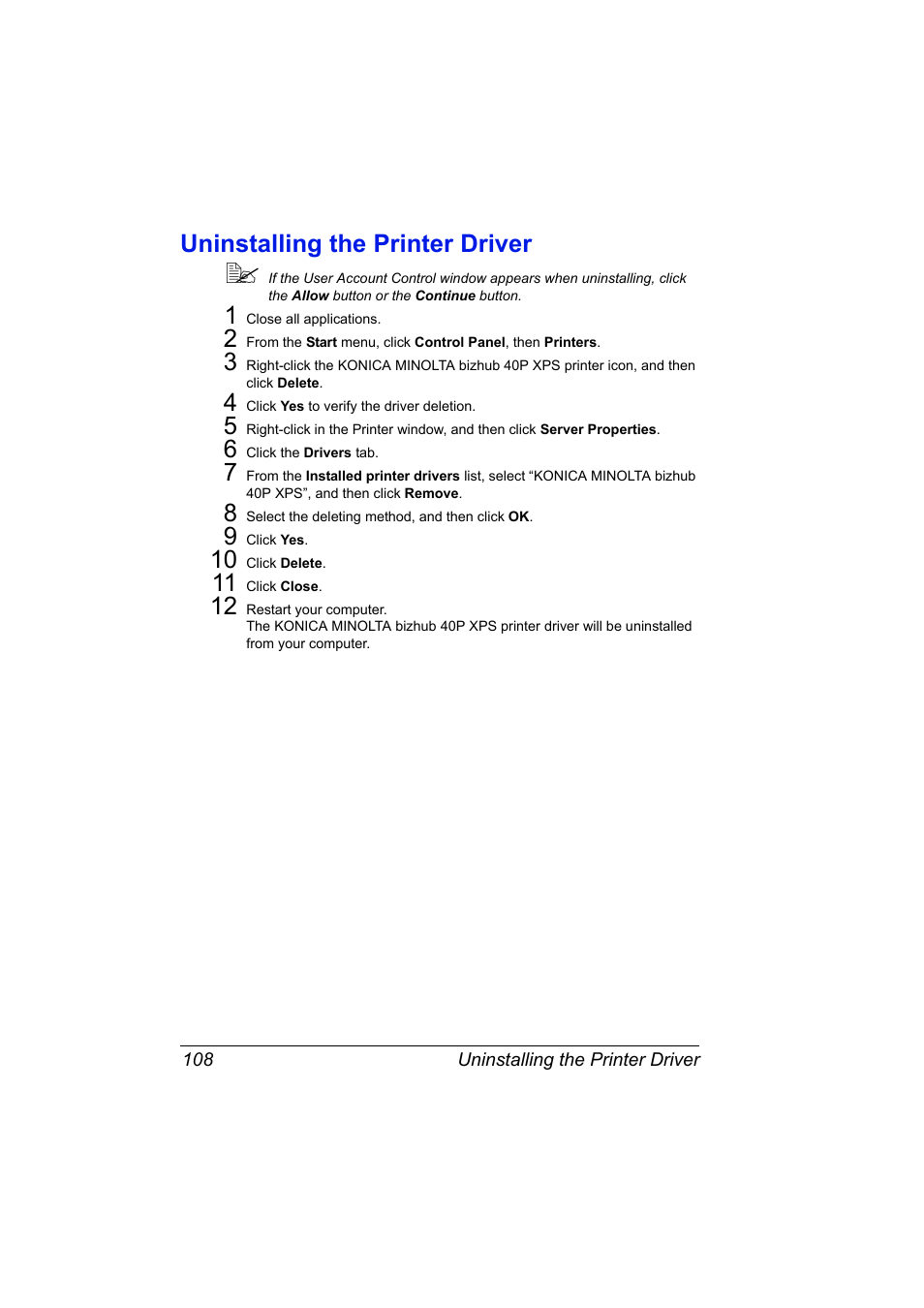 Uninstalling the printer driver, Uninstalling the printer driver 108 | Konica Minolta bizhub 40P User Manual | Page 126 / 392