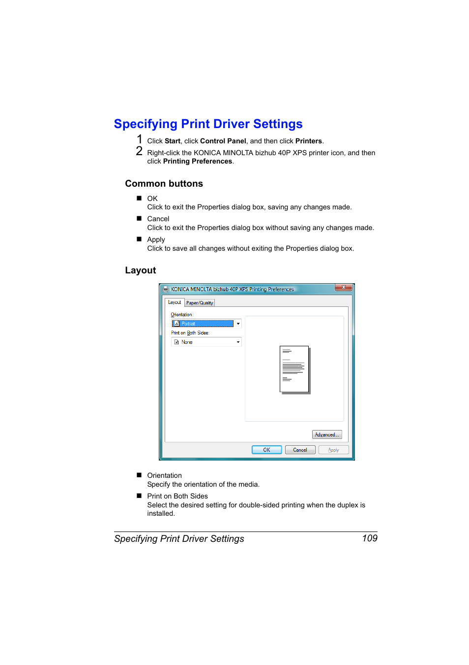 Specifying print driver settings, Common buttons, Layout | Specifying print driver settings 109, Common buttons 109 layout 109, Specifying print driver settings 1 | Konica Minolta bizhub 40P User Manual | Page 127 / 392