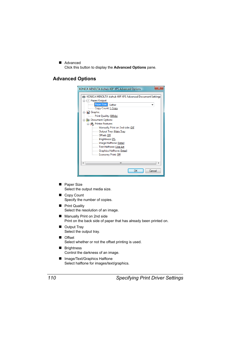 Advanced options, Advanced options 110, Specifying print driver settings 110 | Konica Minolta bizhub 40P User Manual | Page 128 / 392