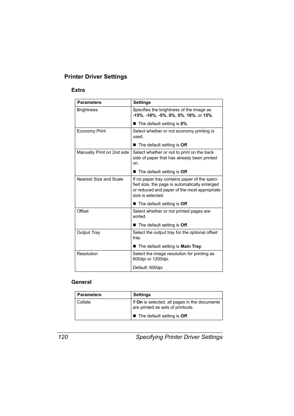 Printer driver settings, Extra, General | Printer driver settings 120, Extra 120 general 120 | Konica Minolta bizhub 40P User Manual | Page 138 / 392