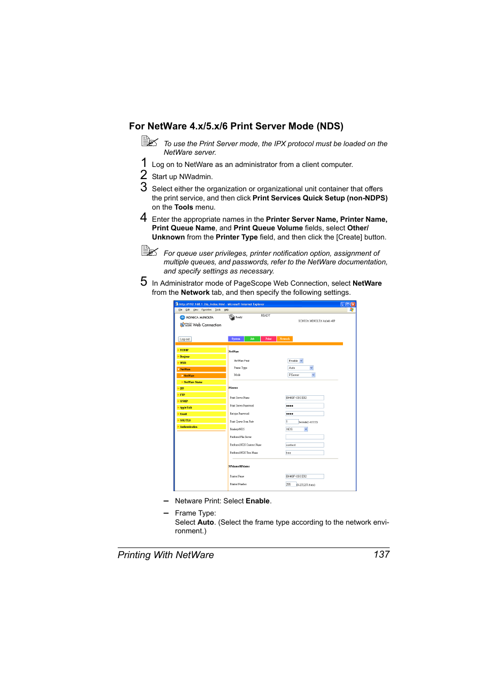 For netware 4.x/5.x/6 print server mode (nds), For netware 4.x/5.x/6 print server mode (nds) 137 | Konica Minolta bizhub 40P User Manual | Page 155 / 392