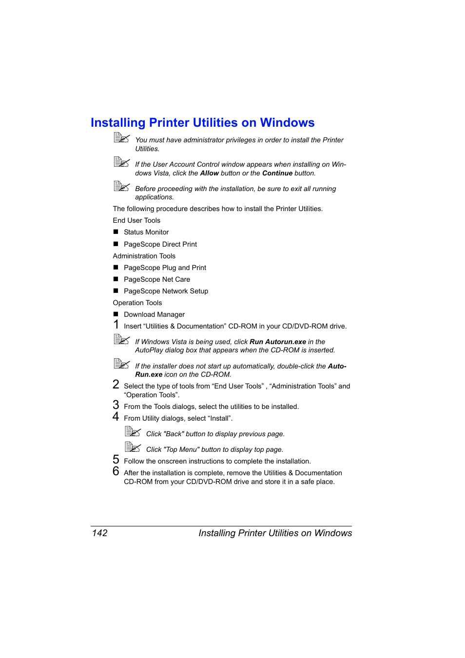 Installing printer utilities on windows, Installing printer utilities on windows 142 | Konica Minolta bizhub 40P User Manual | Page 160 / 392