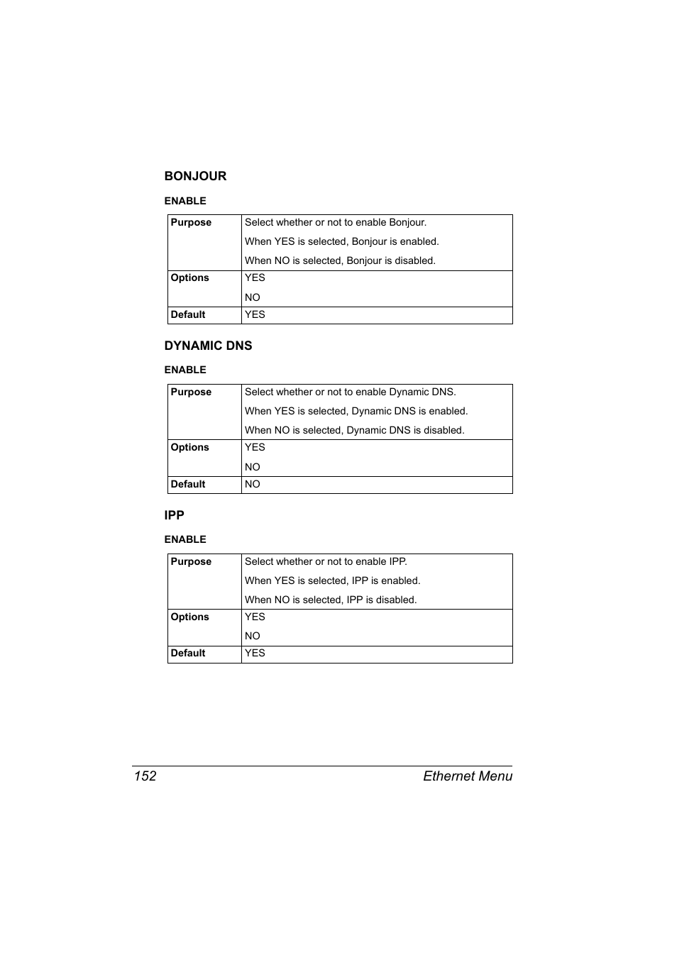 Bonjour, Dynamic dns, Bonjour 152 dynamic dns 152 ipp 152 | Ethernet menu 152 | Konica Minolta bizhub 40P User Manual | Page 170 / 392