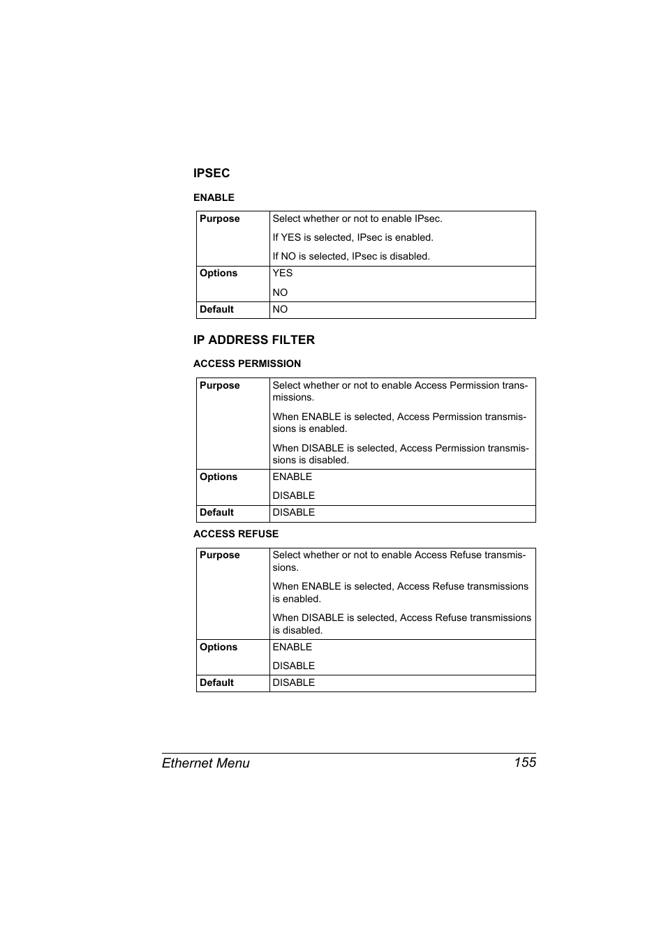 Ipsec, Ip address filter, Ipsec 155 ip address filter 155 | Ethernet menu 155 | Konica Minolta bizhub 40P User Manual | Page 173 / 392