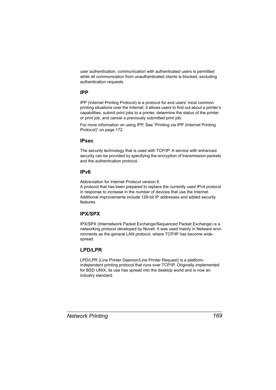 Ipsec, Ipv6, Ipx/spx | Lpd/lpr, Ipp 169 ipsec 169 ipv6 169 ipx/spx 169, Lpd/lpr 169 | Konica Minolta bizhub 40P User Manual | Page 187 / 392