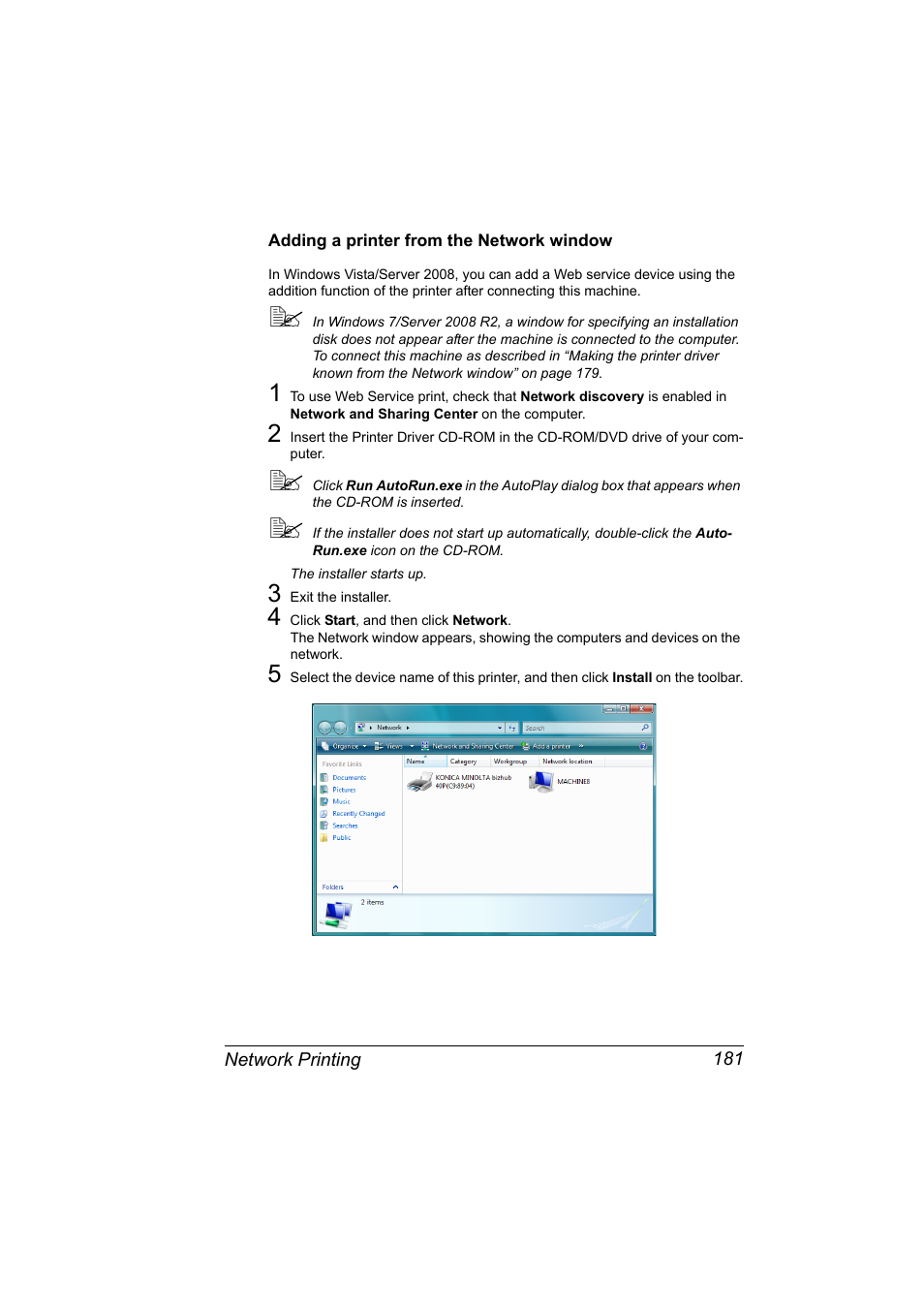 Adding a printer from the network window, Adding a printer from the network window 181 | Konica Minolta bizhub 40P User Manual | Page 199 / 392