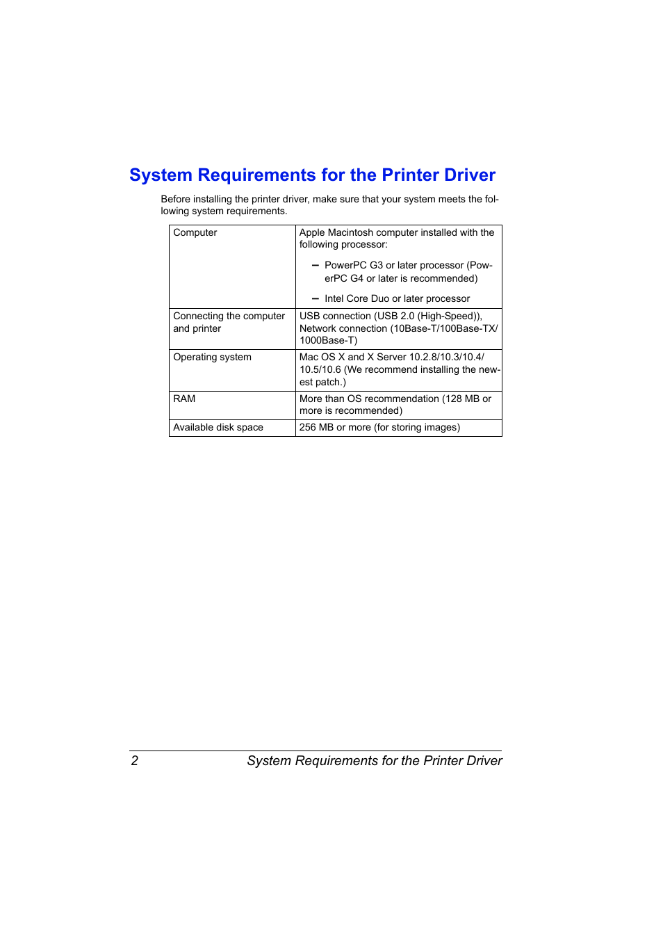 System requirements for the printer driver, System requirements for the printer driver 2 | Konica Minolta bizhub 40P User Manual | Page 20 / 392