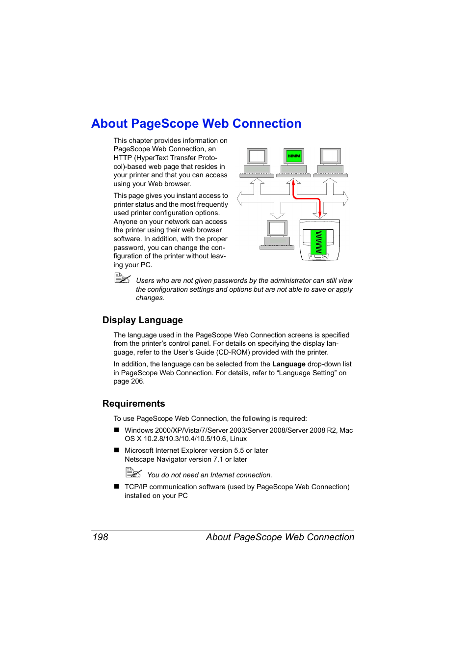 Display language, Requirements, Display language 198 requirements 198 | About pagescope web connection | Konica Minolta bizhub 40P User Manual | Page 216 / 392