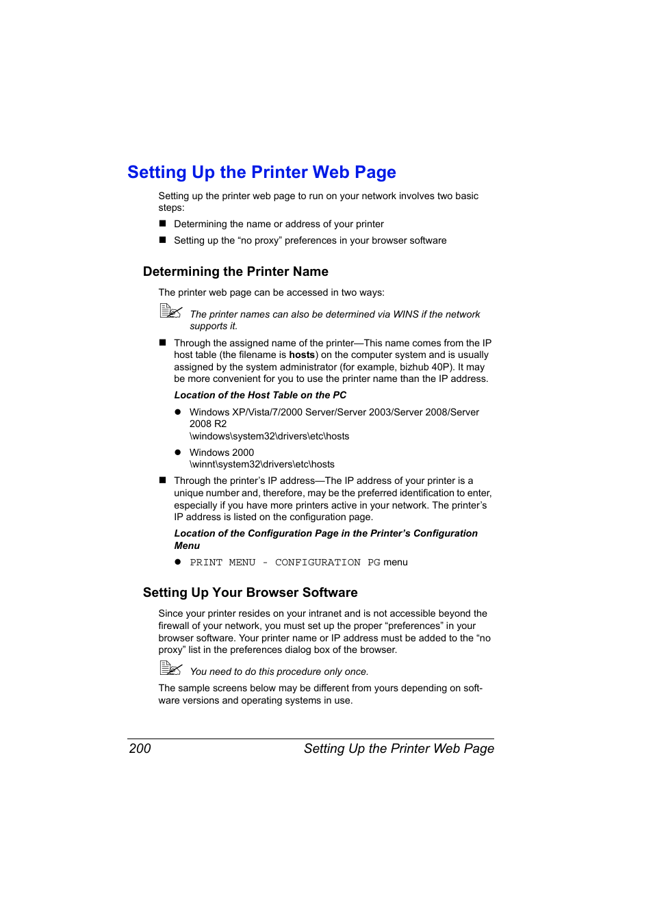 Determining the printer name, Setting up your browser software, Setting up the printer web page | Konica Minolta bizhub 40P User Manual | Page 218 / 392