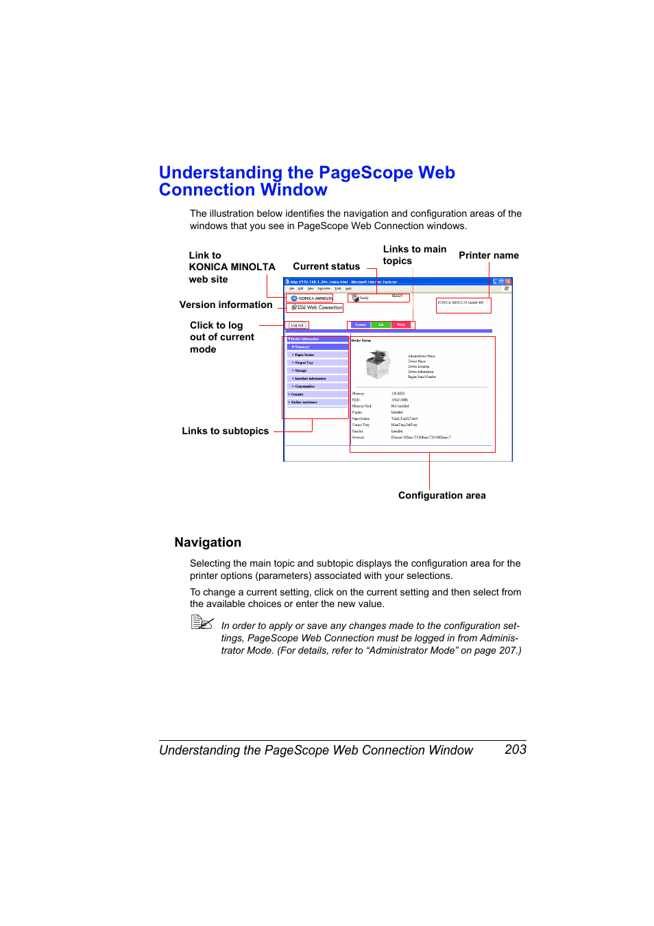 Navigation, Navigation 203, Understanding the pagescope web connection window | Konica Minolta bizhub 40P User Manual | Page 221 / 392