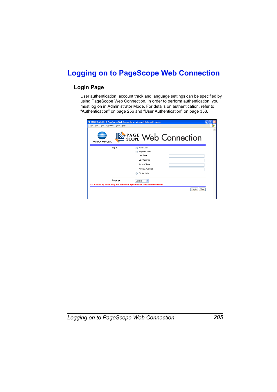 Logging on to pagescope web connection | Konica Minolta bizhub 40P User Manual | Page 223 / 392