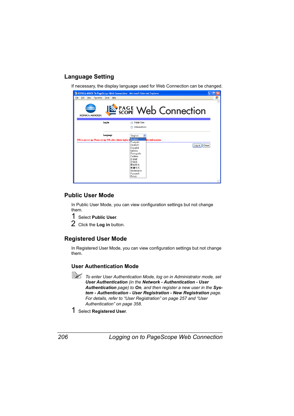 Language setting, Public user mode, Registered user mode | User authentication mode, User authentication mode 206 | Konica Minolta bizhub 40P User Manual | Page 224 / 392