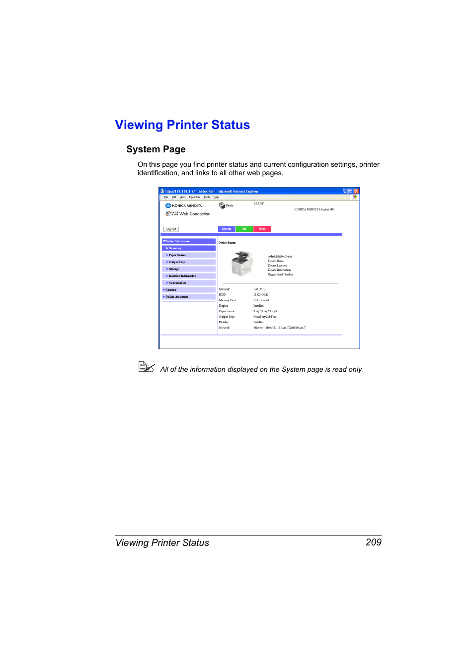 Viewing printer status, Viewing printer status 209 | Konica Minolta bizhub 40P User Manual | Page 227 / 392