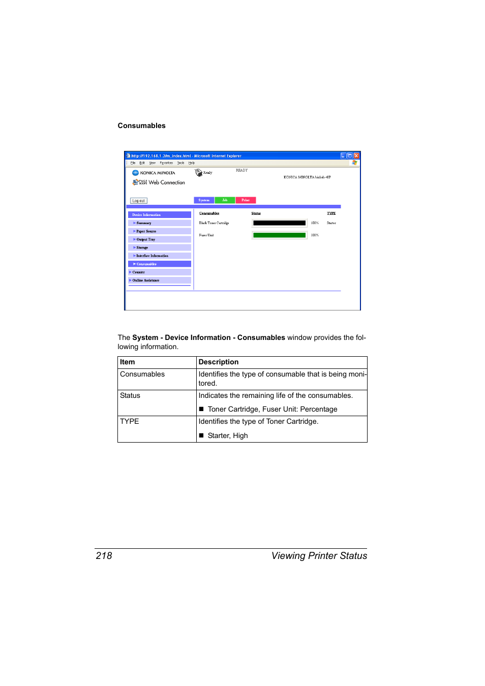 Viewing printer status 218 | Konica Minolta bizhub 40P User Manual | Page 236 / 392