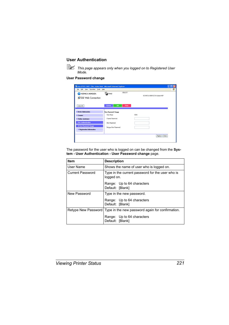 User authentication, User authentication 221, Viewing printer status 221 | Konica Minolta bizhub 40P User Manual | Page 239 / 392