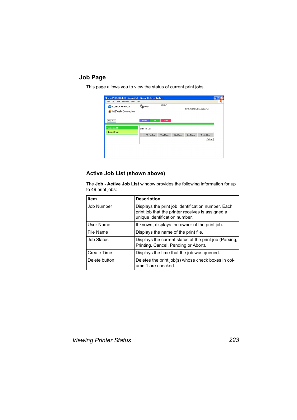 Active job list (shown above), Active job list (shown above) 223, Viewing printer status 223 job page | Konica Minolta bizhub 40P User Manual | Page 241 / 392