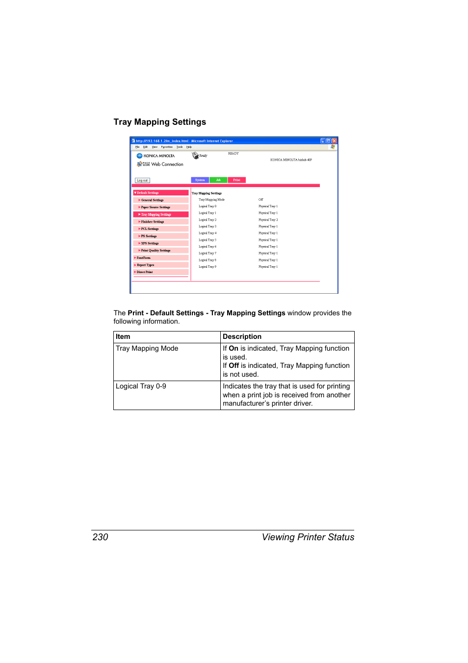 Tray mapping settings, Tray mapping settings 230, Viewing printer status 230 | Konica Minolta bizhub 40P User Manual | Page 248 / 392