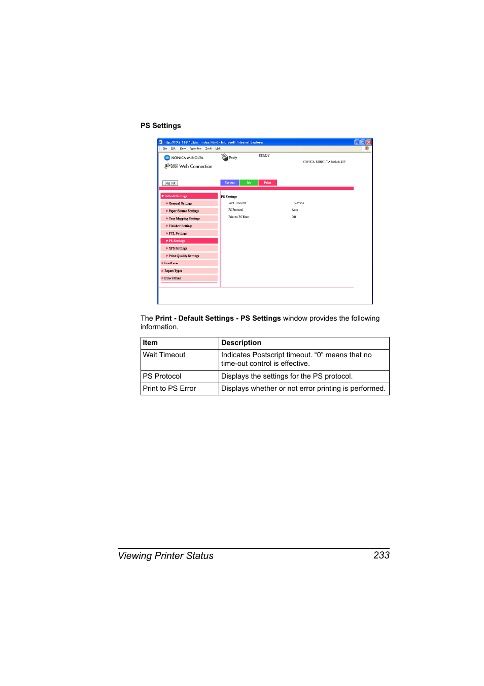 Viewing printer status 233 | Konica Minolta bizhub 40P User Manual | Page 251 / 392