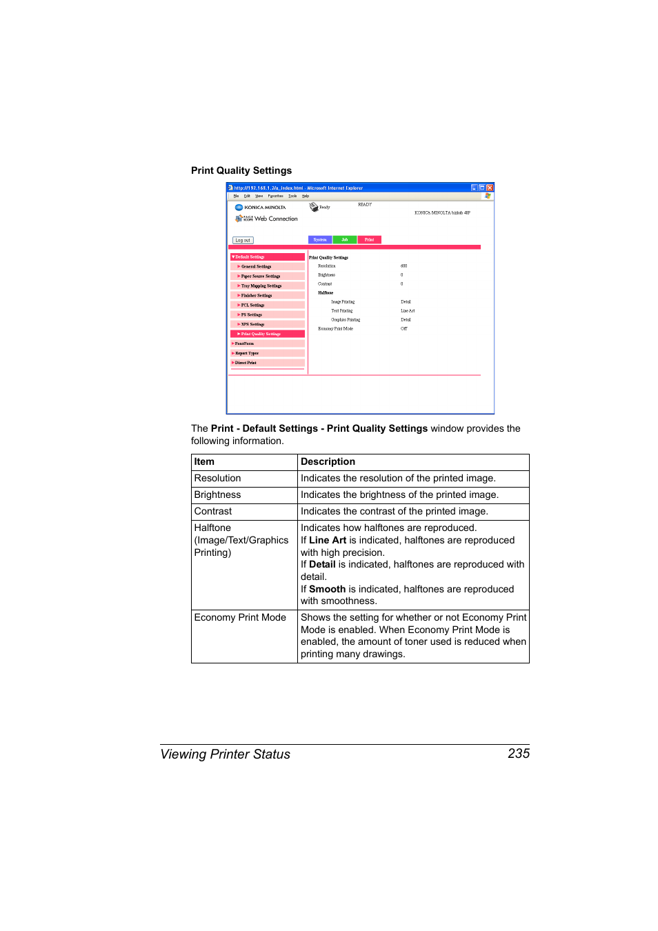 Viewing printer status 235 | Konica Minolta bizhub 40P User Manual | Page 253 / 392