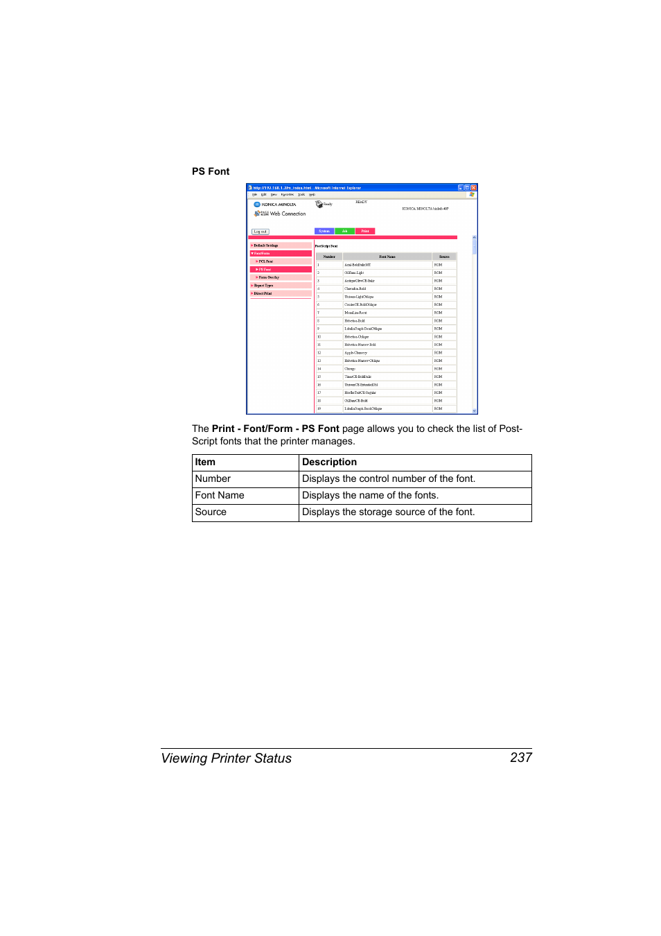 Viewing printer status 237 | Konica Minolta bizhub 40P User Manual | Page 255 / 392