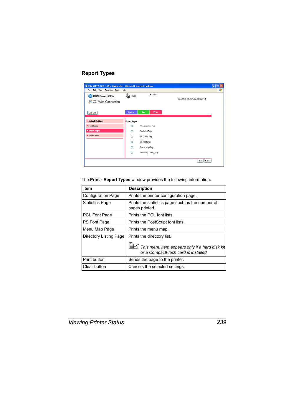 Report types, Report types 239, Viewing printer status 239 | Konica Minolta bizhub 40P User Manual | Page 257 / 392