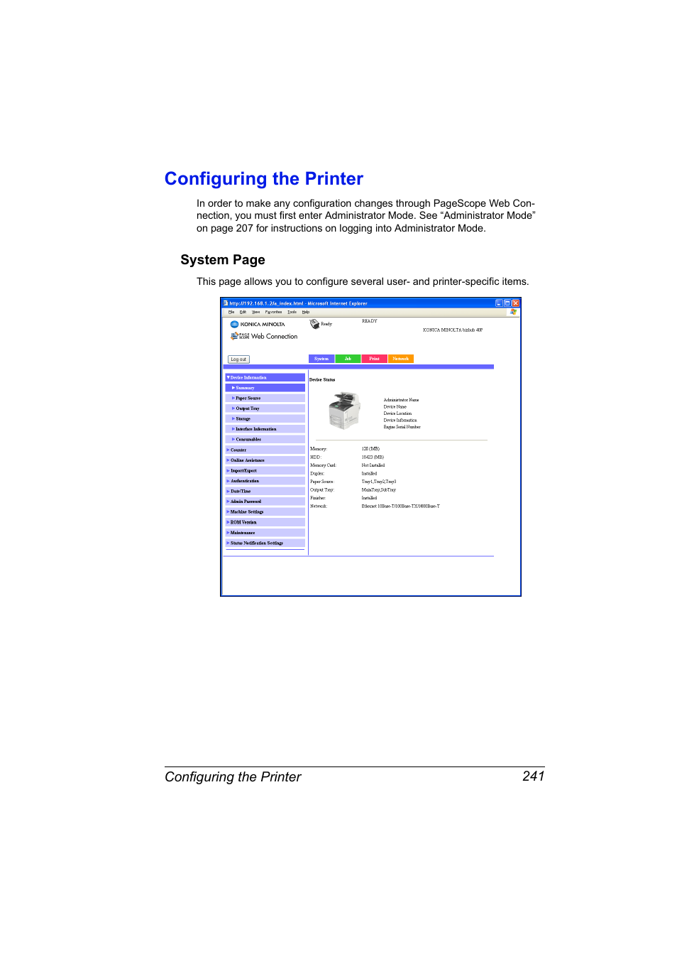 Configuring the printer, Configuring the printer 241 | Konica Minolta bizhub 40P User Manual | Page 259 / 392