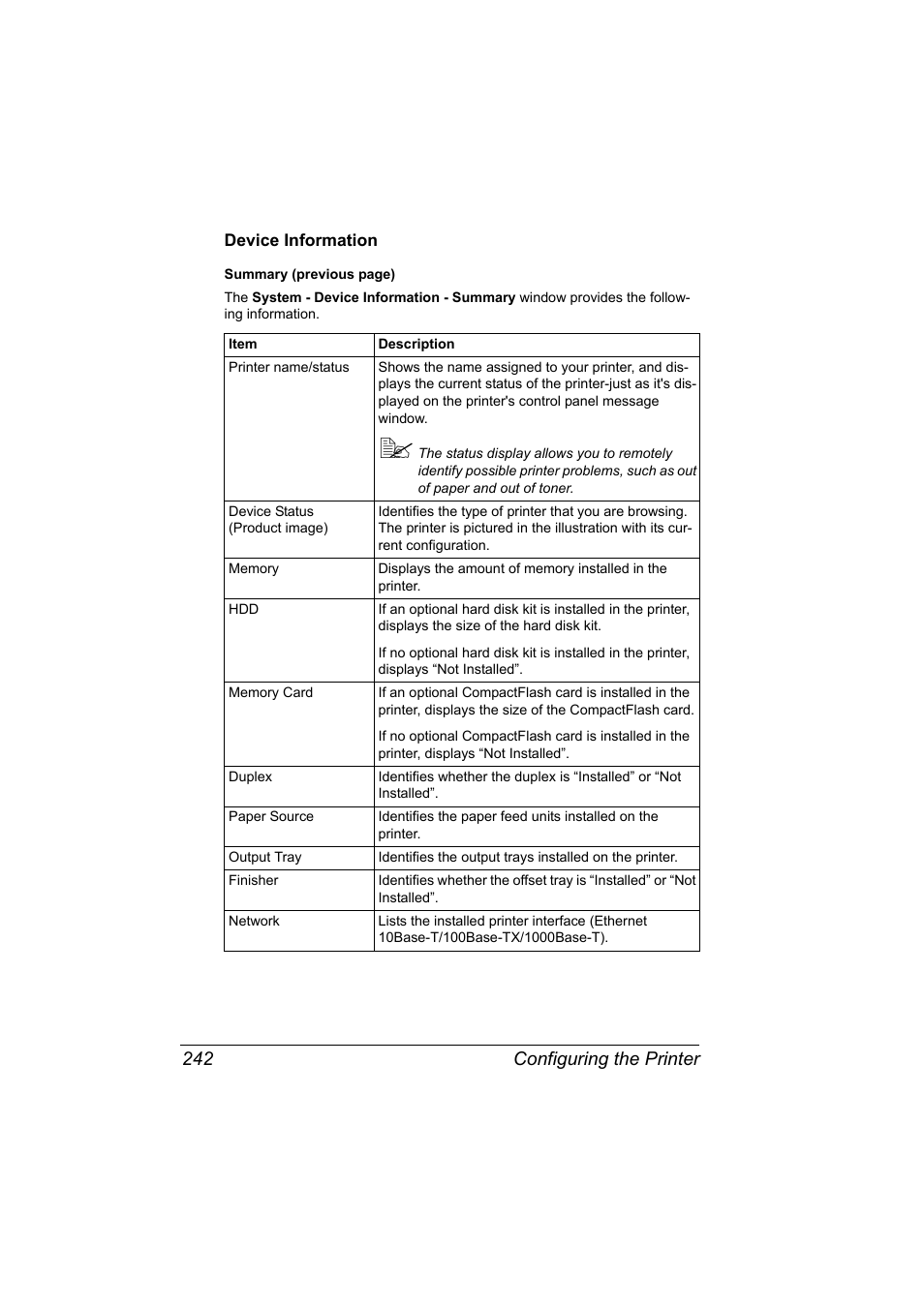 Device information, Device information 242, Configuring the printer 242 | Konica Minolta bizhub 40P User Manual | Page 260 / 392
