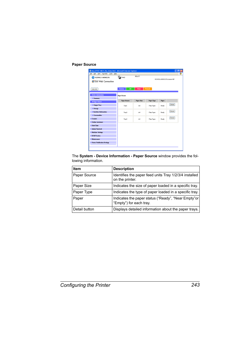 Configuring the printer 243 | Konica Minolta bizhub 40P User Manual | Page 261 / 392