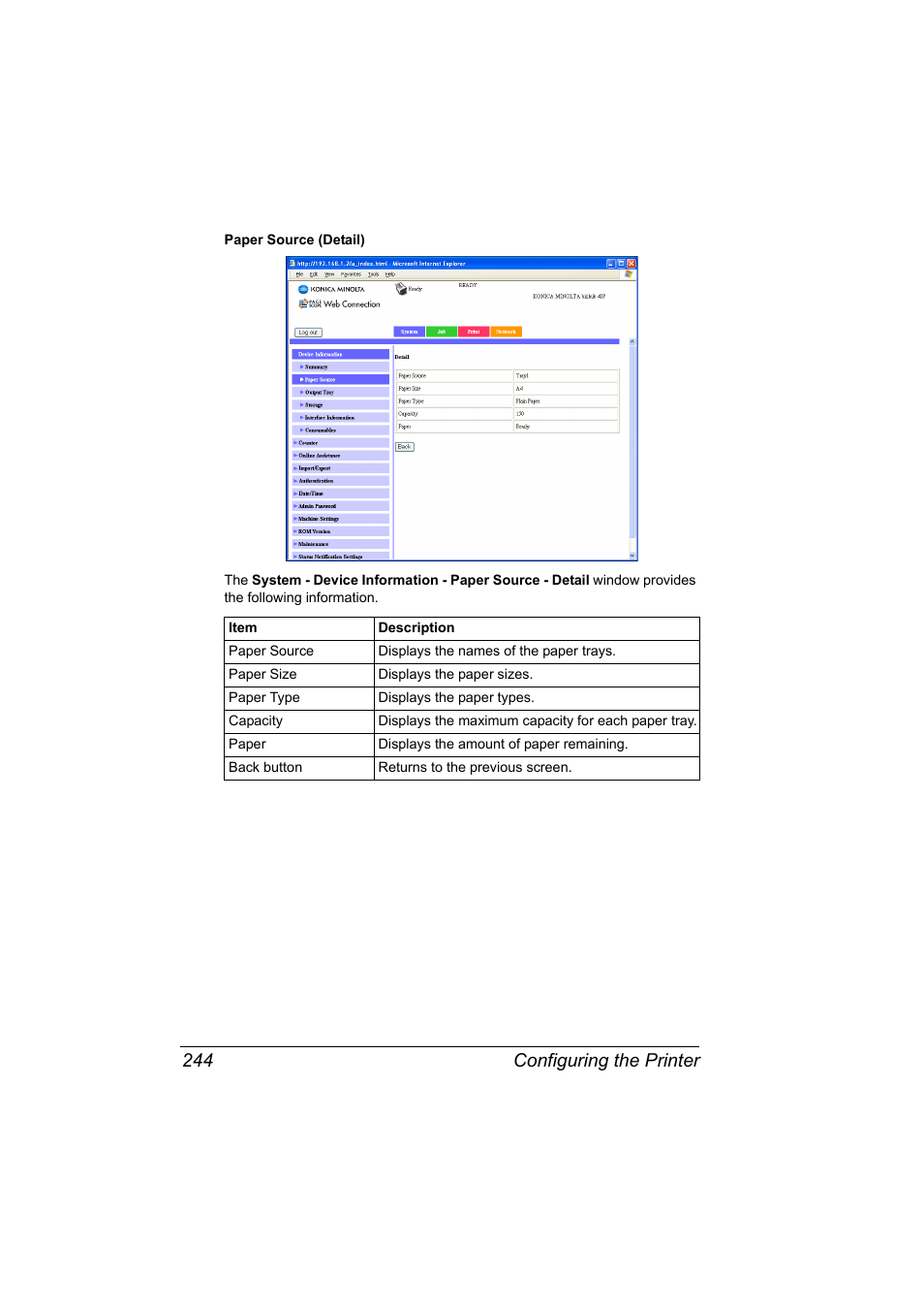 Configuring the printer 244 | Konica Minolta bizhub 40P User Manual | Page 262 / 392