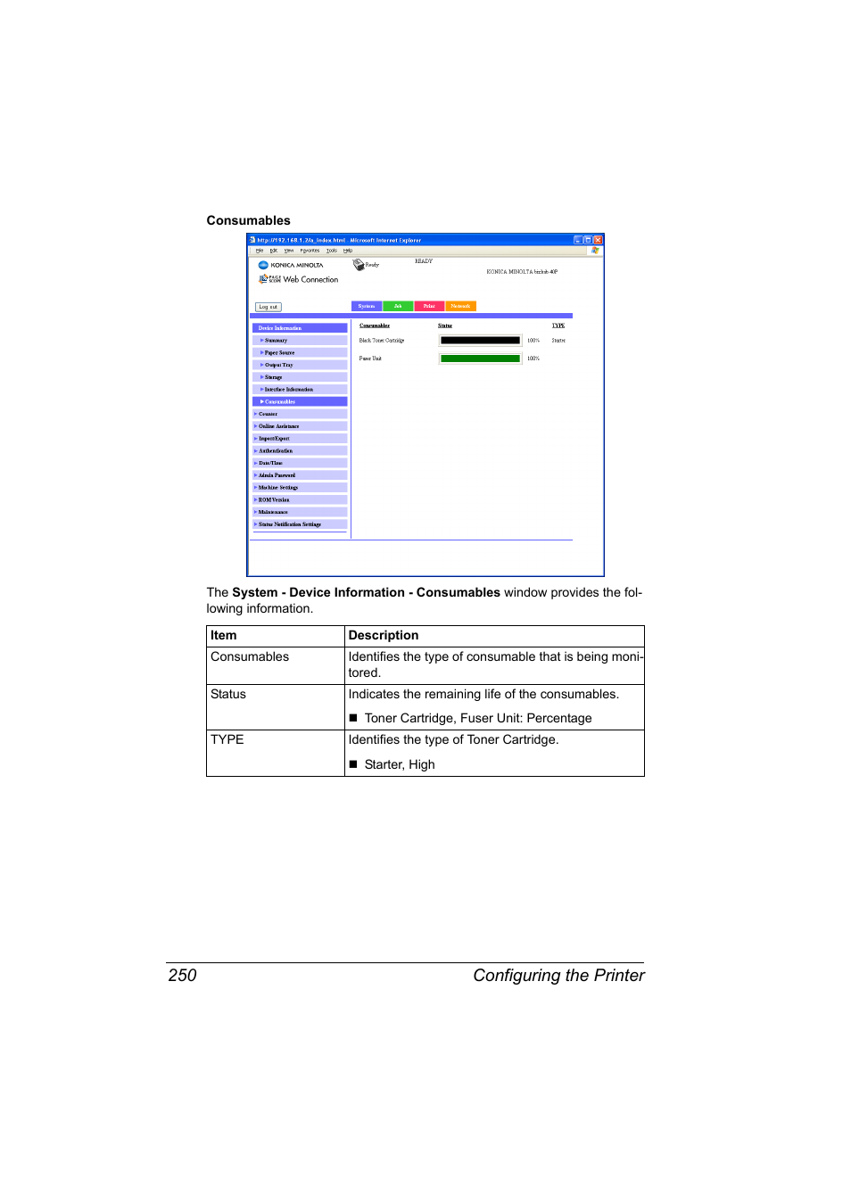 Configuring the printer 250 | Konica Minolta bizhub 40P User Manual | Page 268 / 392