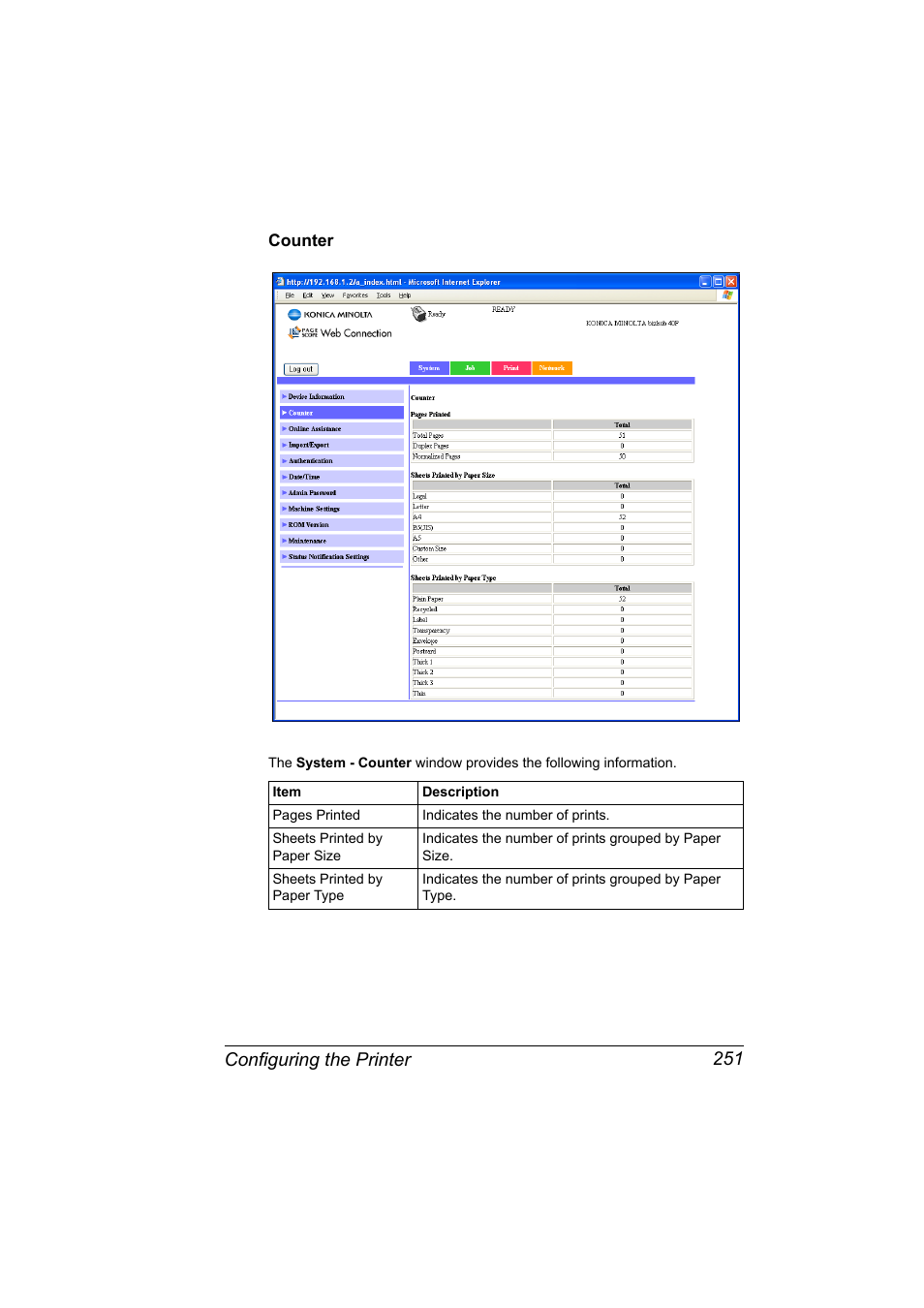 Counter, Counter 251, Configuring the printer 251 | Konica Minolta bizhub 40P User Manual | Page 269 / 392