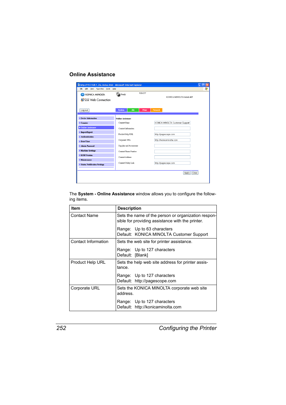 Online assistance, Online assistance 252, Configuring the printer 252 | Konica Minolta bizhub 40P User Manual | Page 270 / 392