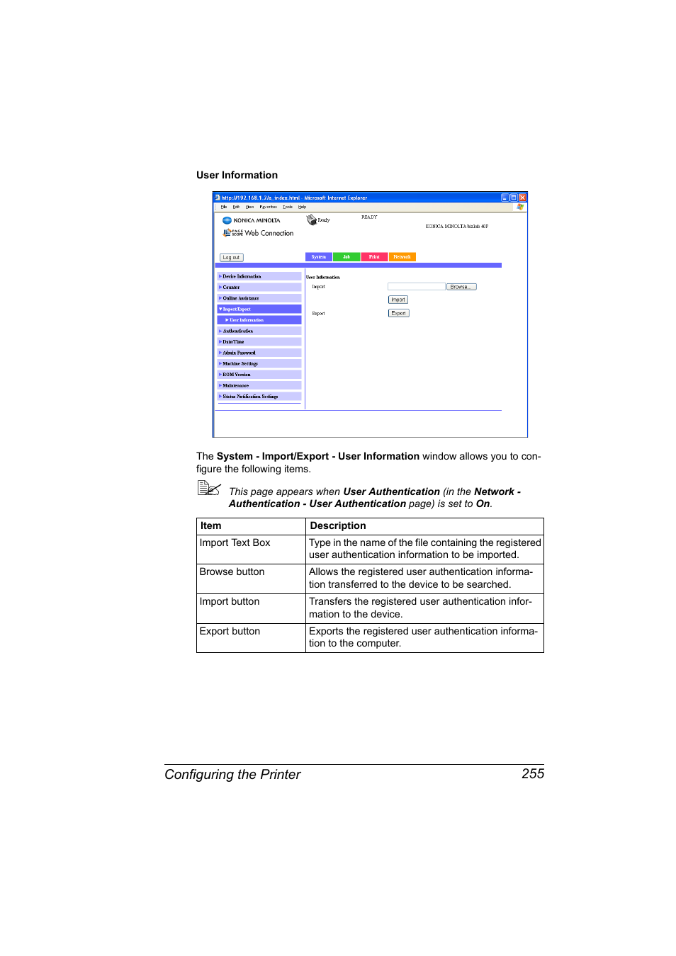 Configuring the printer 255 | Konica Minolta bizhub 40P User Manual | Page 273 / 392