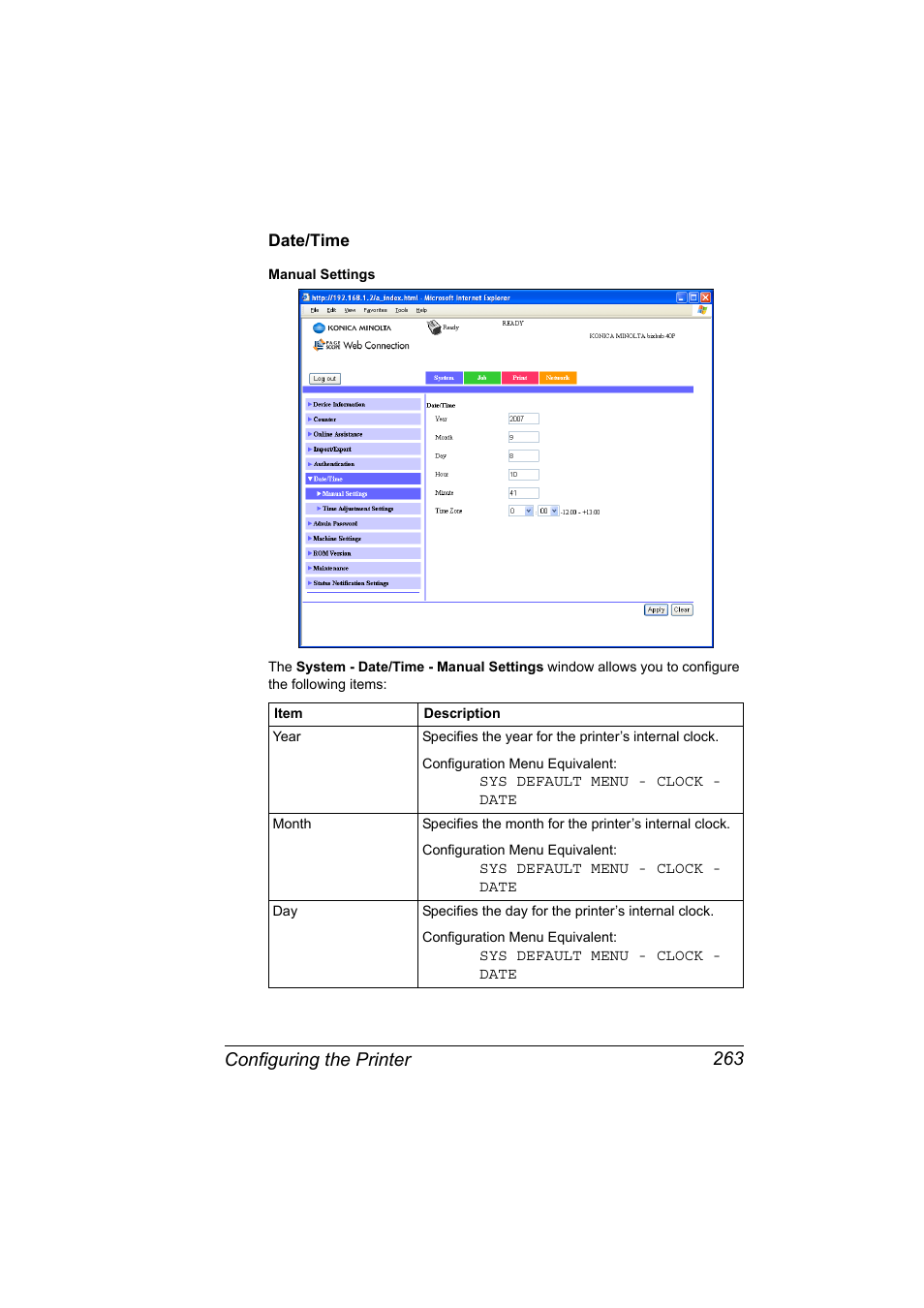 Date/time, Date/time 263, Configuring the printer 263 | Konica Minolta bizhub 40P User Manual | Page 281 / 392