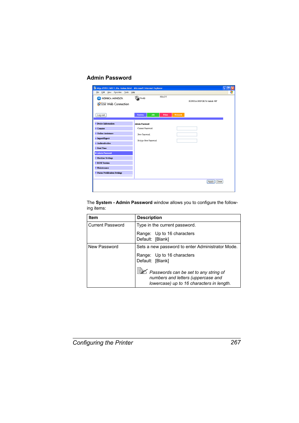 Admin password, Admin password 267 | Konica Minolta bizhub 40P User Manual | Page 285 / 392