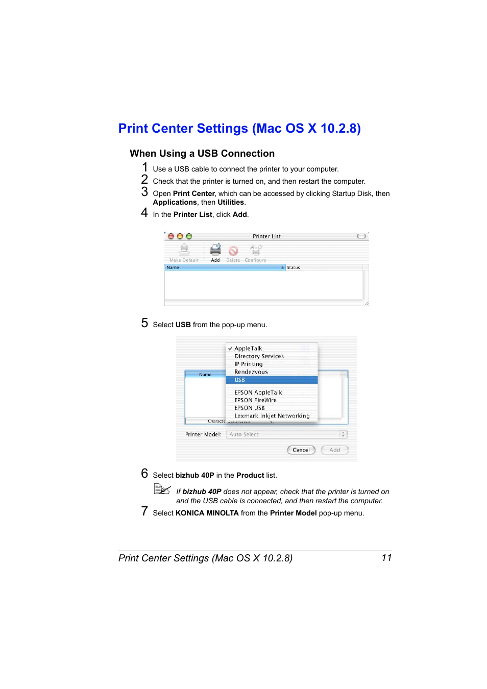 Print center settings (mac os x 10.2.8), When using a usb connection, Print center settings (mac os x 10.2.8) 11 | When using a usb connection 11 | Konica Minolta bizhub 40P User Manual | Page 29 / 392