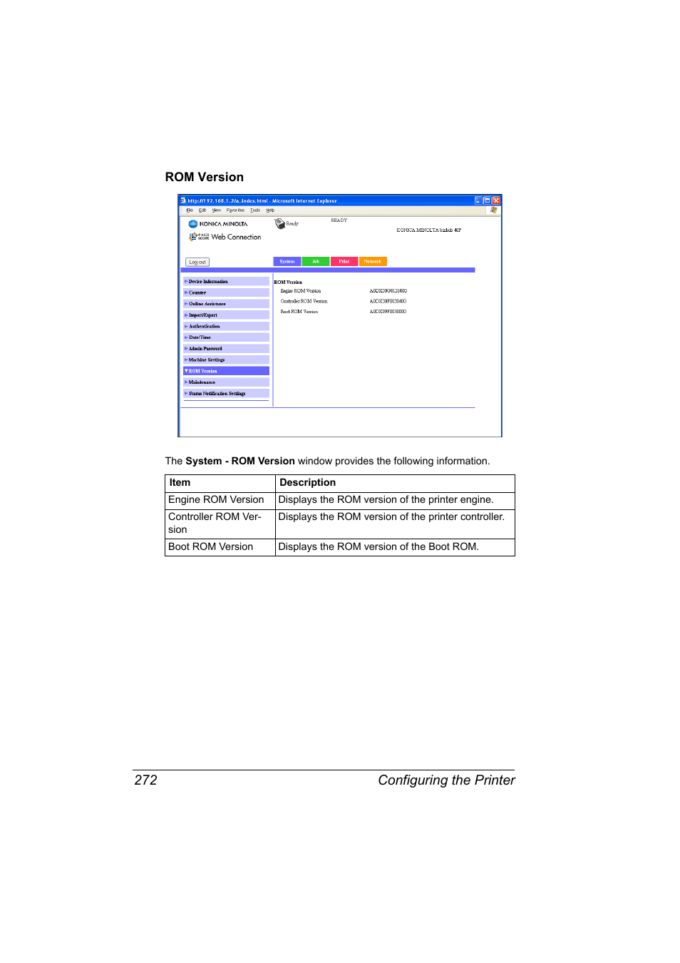 Rom version, Rom version 272, Configuring the printer 272 | Konica Minolta bizhub 40P User Manual | Page 290 / 392